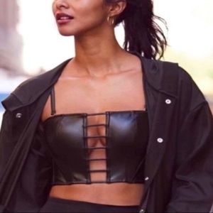 VICTORIA'S SECRET VS Black Faux-Leather and Lace Malibu Bustier Large L NEW NWOT